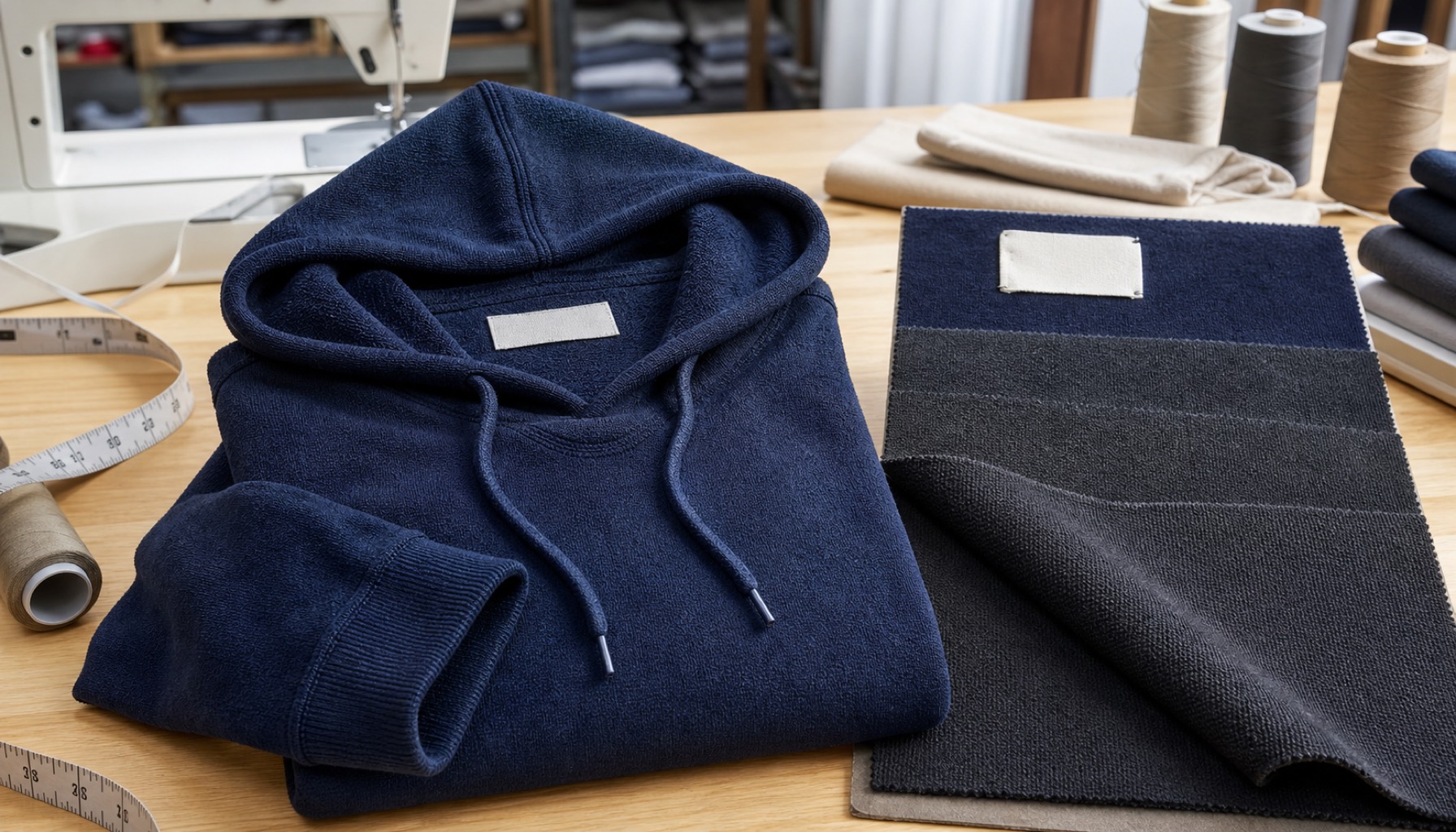 Flat-lay hoodie dan swatch bahan baby terry untuk jaket seragam perusahaan di meja workshop garmen