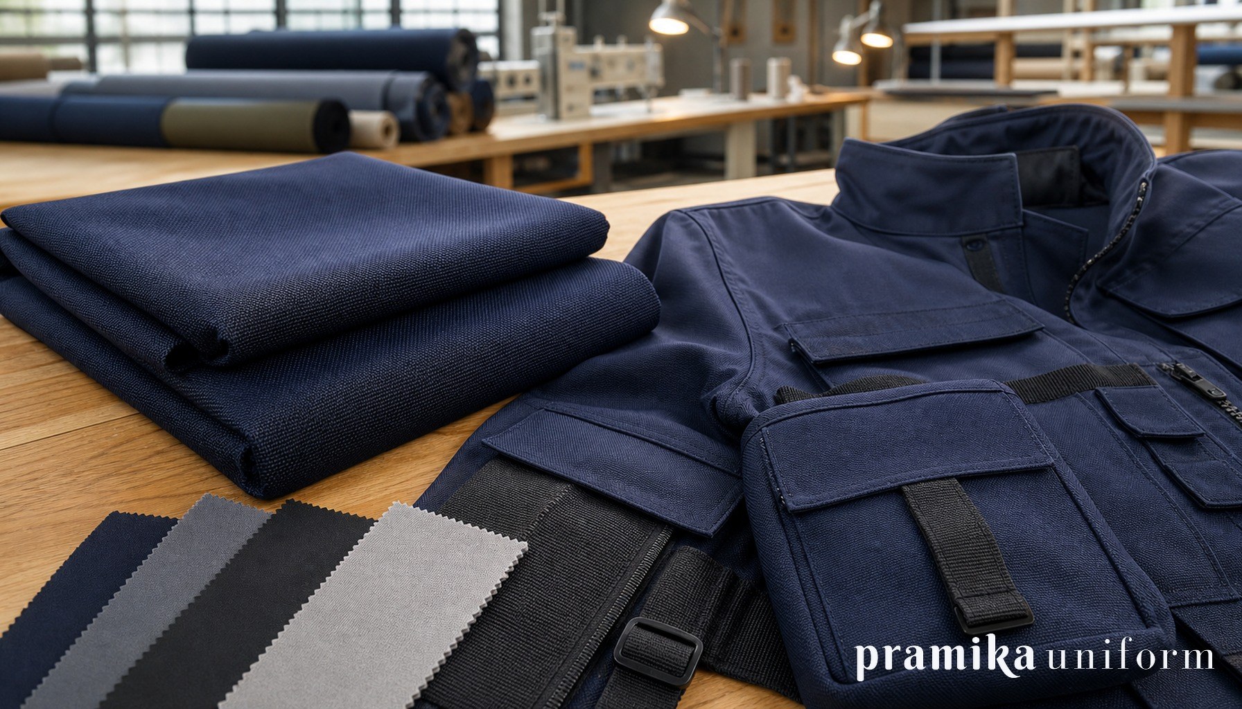Kain cordura navy, jaket kerja, dan pouch lapangan di meja workshop produksi