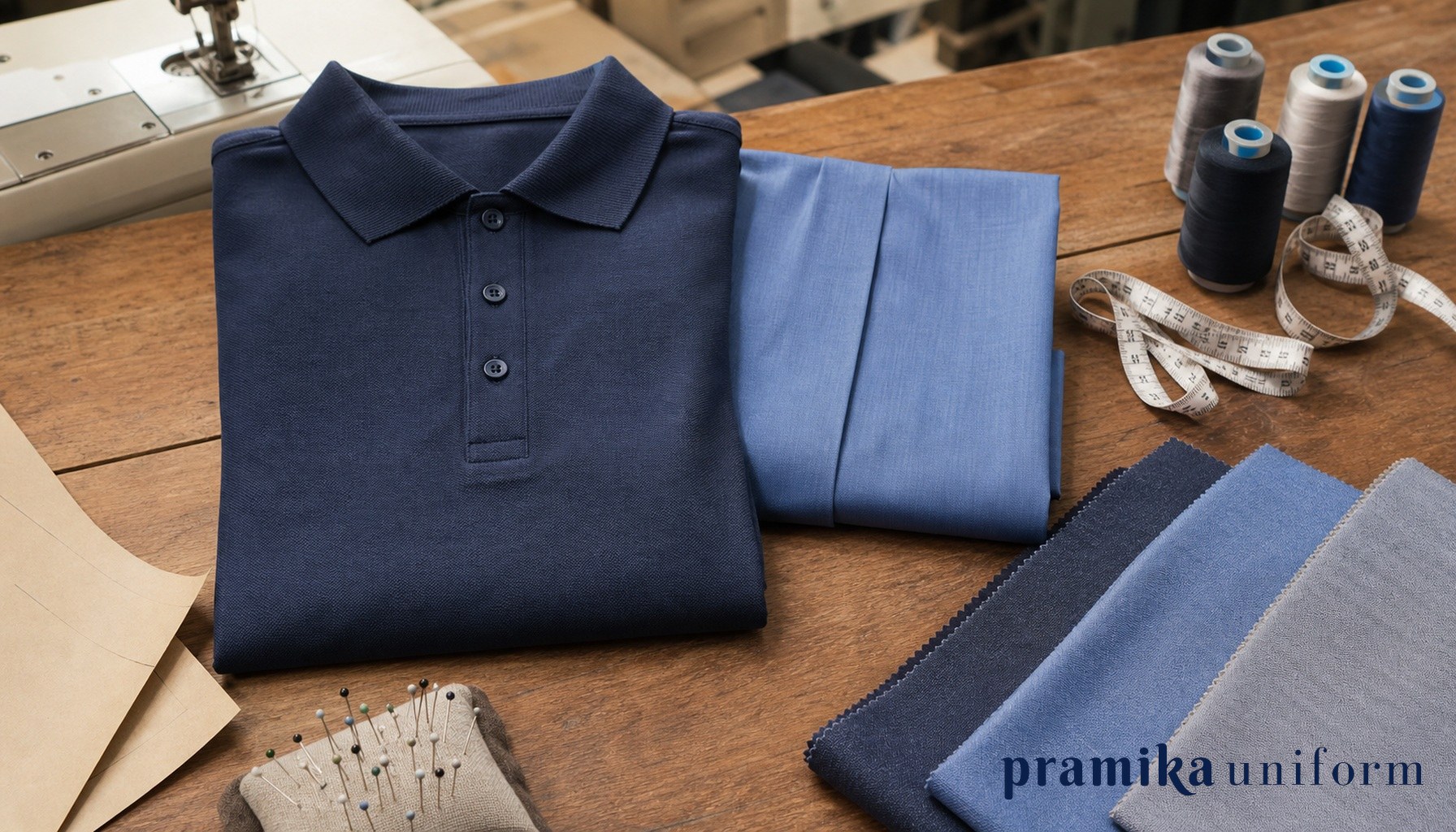 Flat-lay bahan CVC untuk polo dan kemeja seragam kantor dengan swatch kain, benang, dan pita ukur di meja produksi