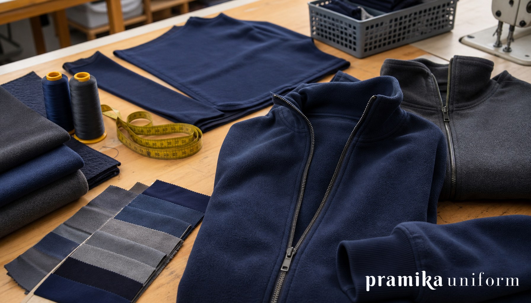 Flat lay bahan fleece navy dan charcoal untuk jaket perusahaan di meja workshop garmen