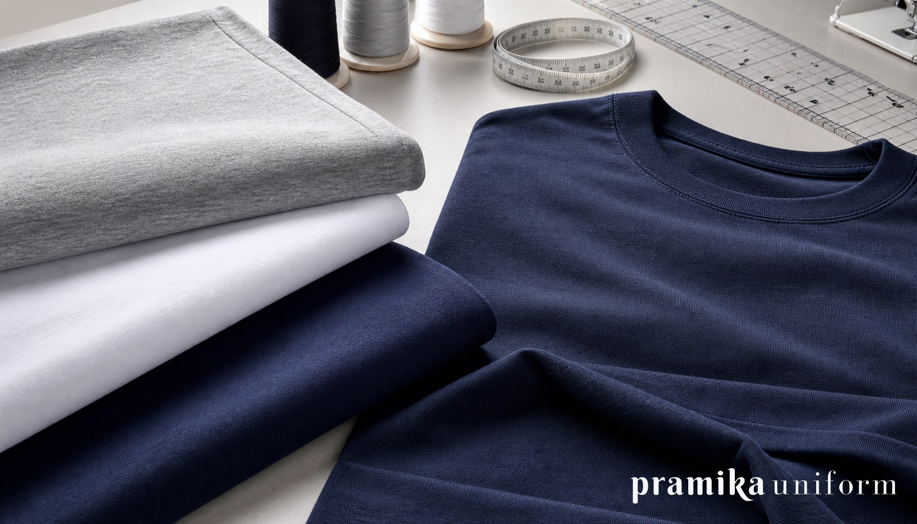Flat-lay kain katun combed dan kaos seragam perusahaan di meja workshop