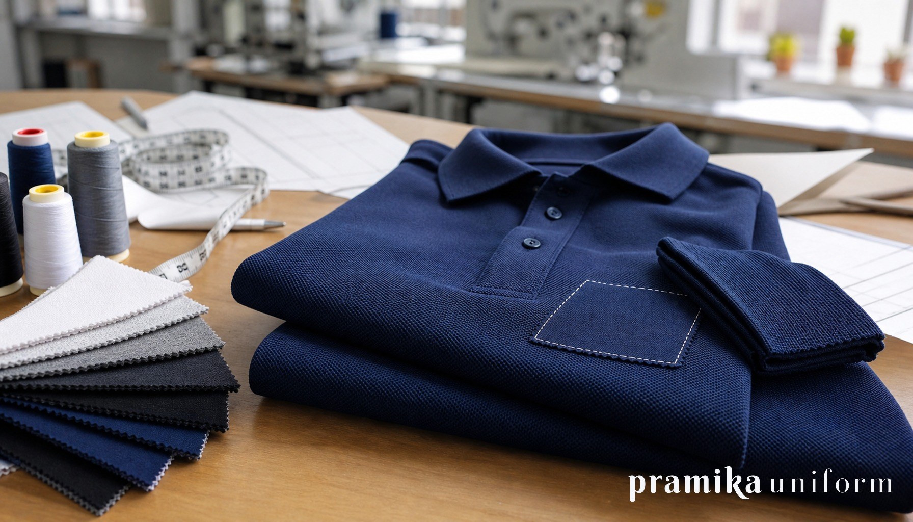 Close-up kain lacoste pique untuk polo seragam perusahaan dengan swatch warna dan alat ukur produksi