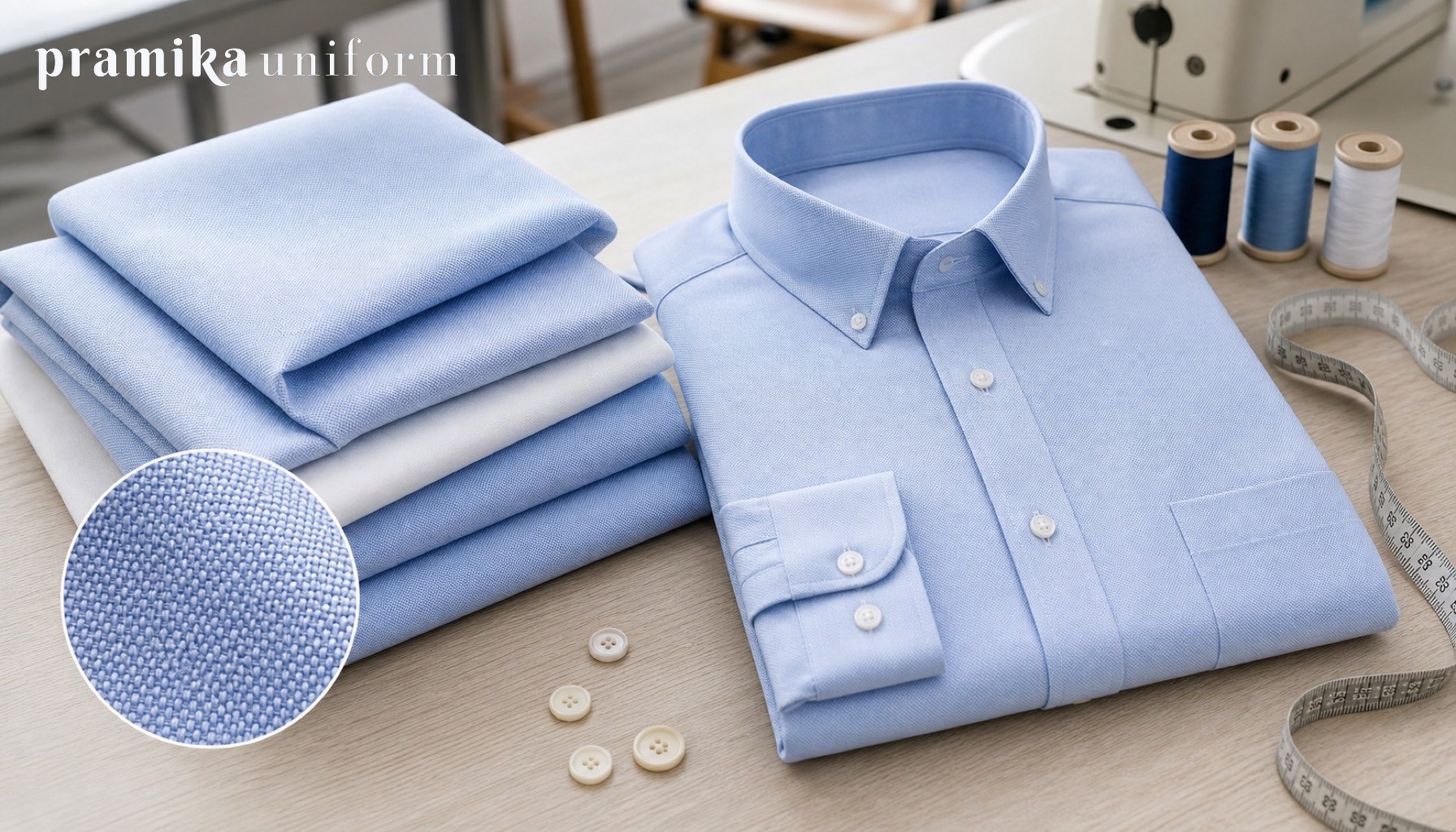 Kain oxford biru muda dan kemeja seragam kerja di meja workshop konveksi