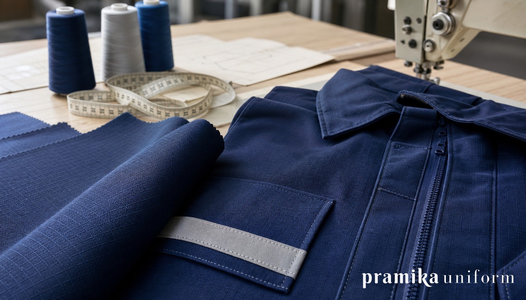 Close-up kain ripstop navy dengan pola grid penguat, jahitan seragam kerja, meteran, dan perlengkapan produksi