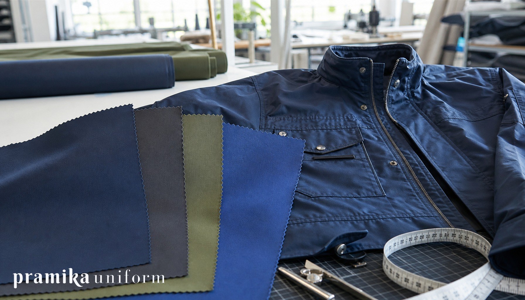 Bahan taslan dan jaket lapangan di meja workshop garmen