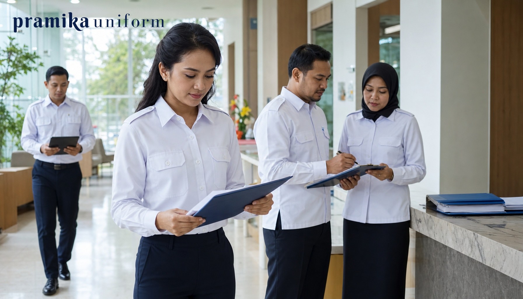 Tim Indonesia memakai baju PDH putih seragam di area administrasi kantor