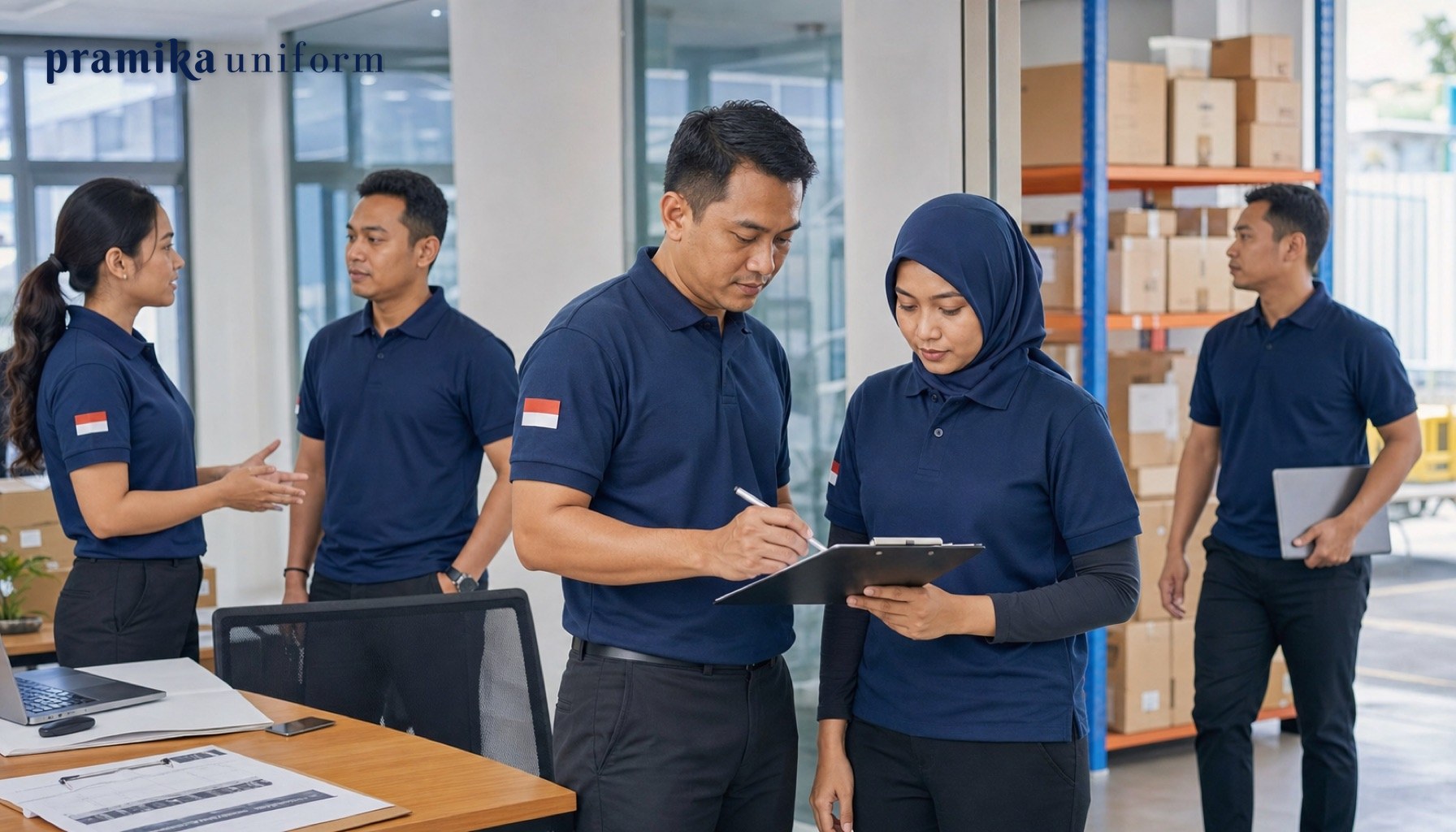 Tim perusahaan Indonesia memakai baju polo seragam navy di area kantor dan gudang