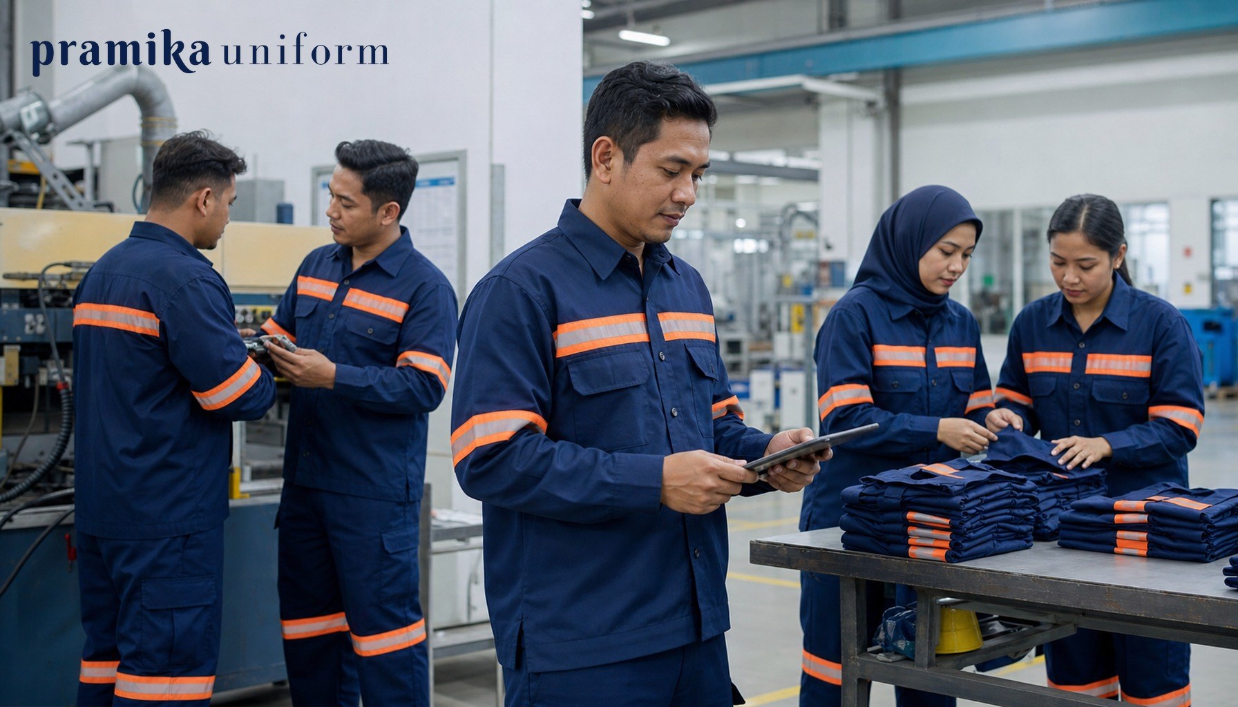 Tim pekerja Indonesia menggunakan baju safety reflektif seragam di area industri