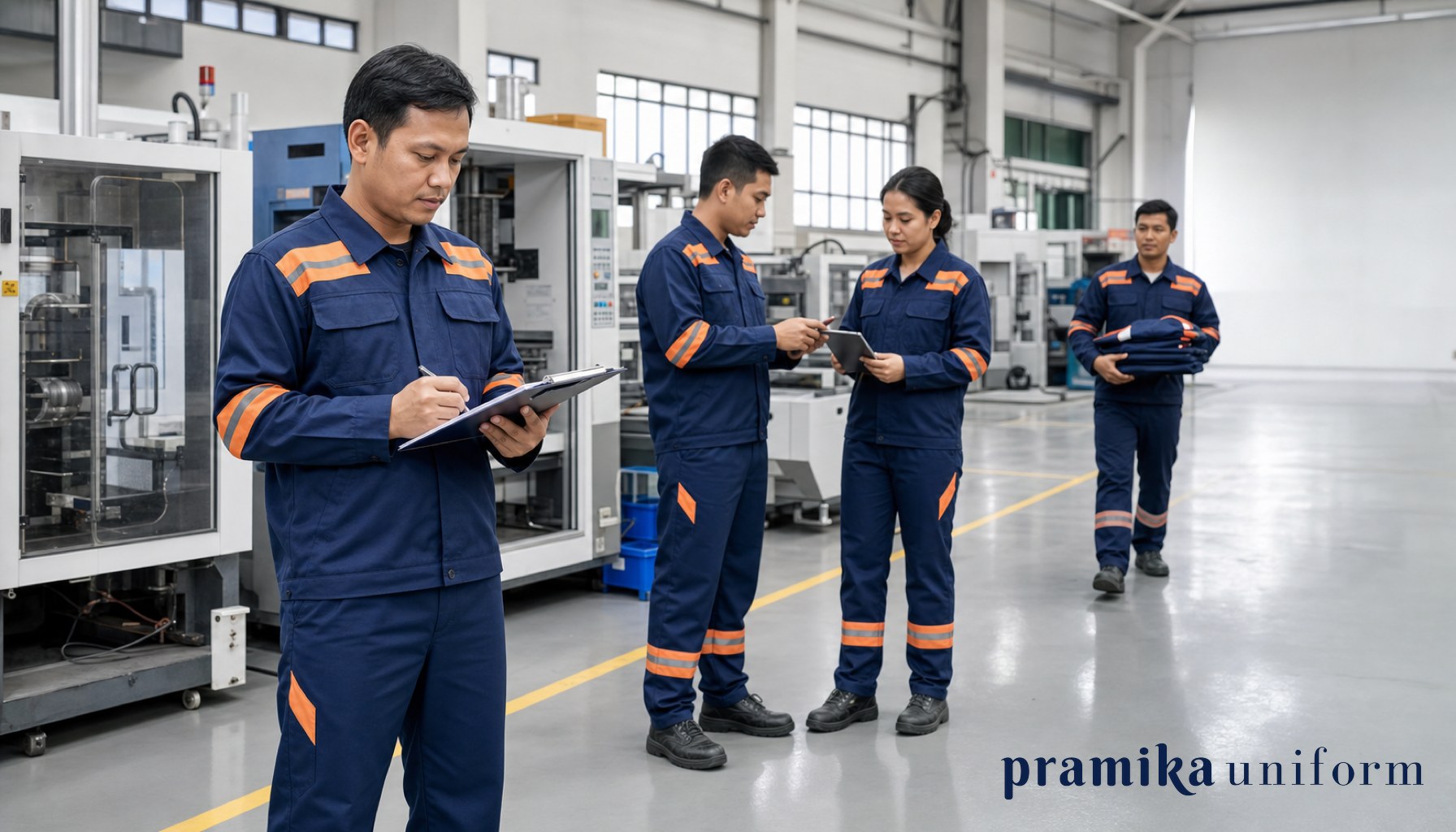 Tim pekerja industri Indonesia memakai baju wearpack navy dengan panel reflektif di area pabrik