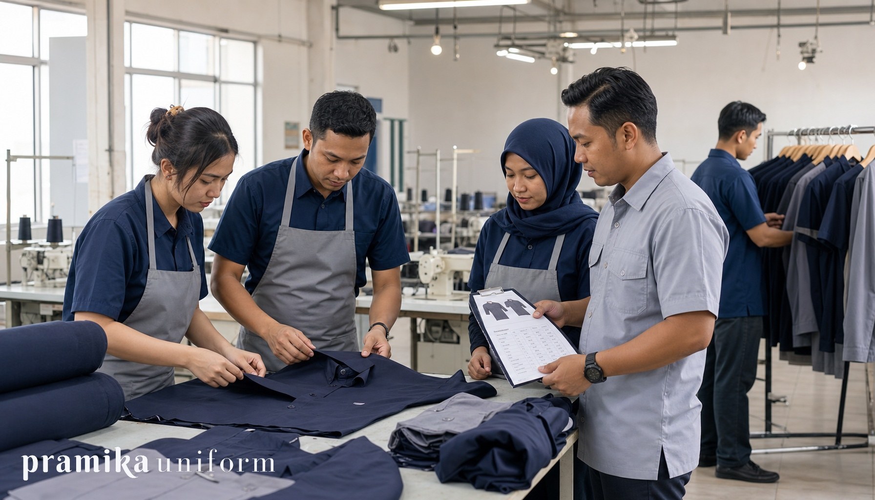 Tim Pramika memeriksa sample seragam perusahaan di workshop produksi Jakarta