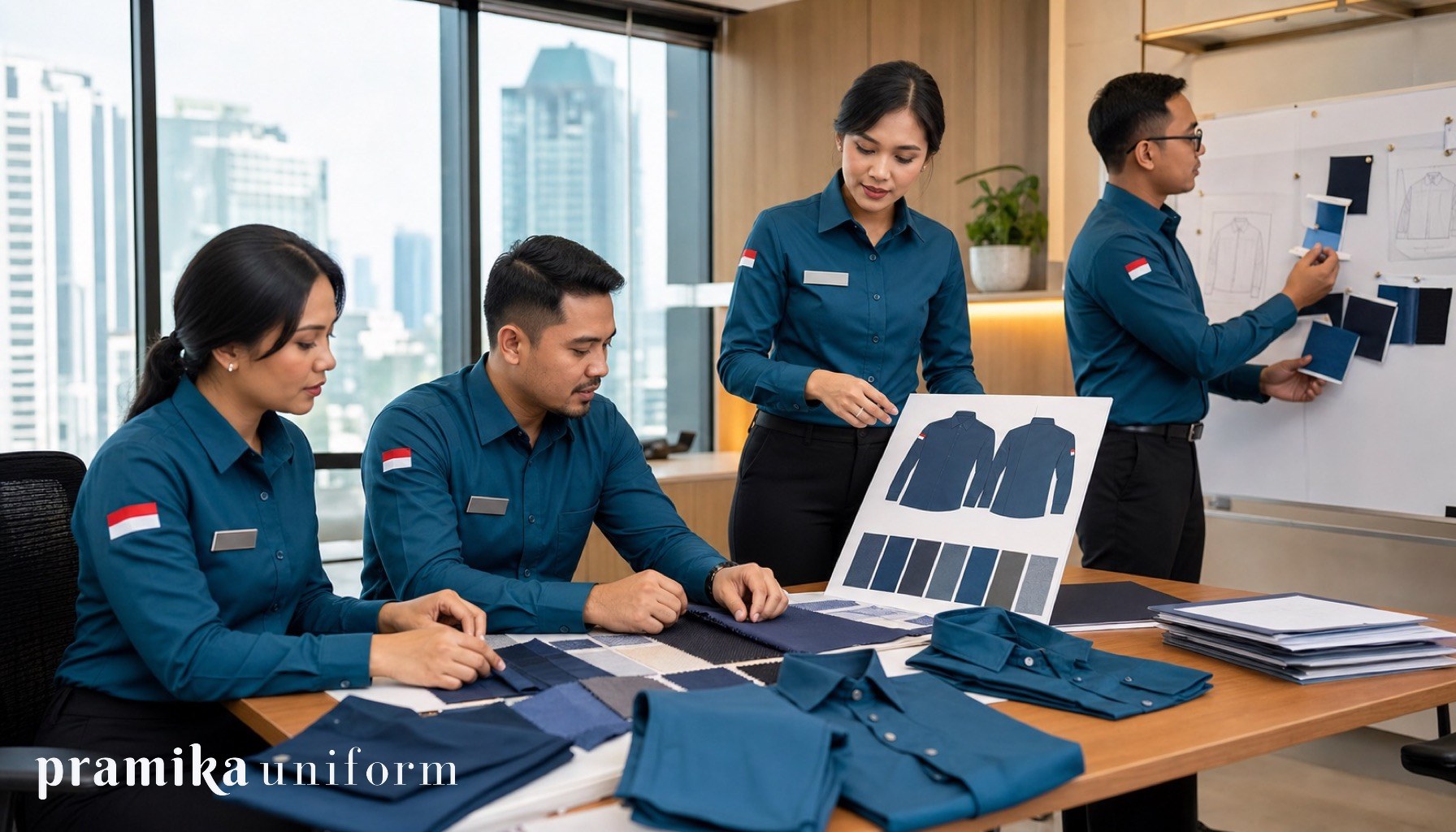 Tim kantor Indonesia memakai kemeja seragam teal saat membahas desain, swatch kain, dan mockup seragam perusahaan