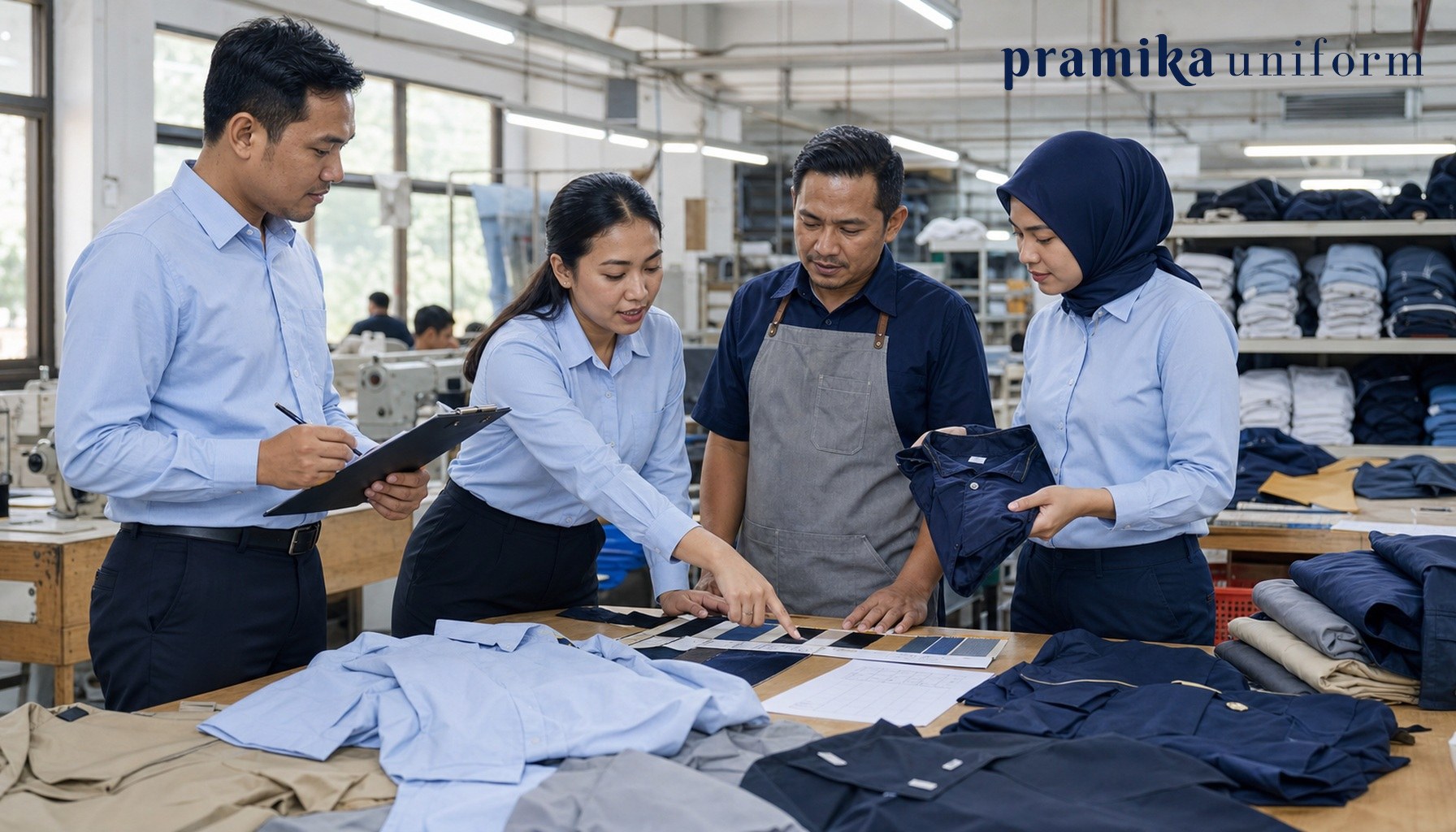 Tim procurement perusahaan meninjau sample seragam kerja di workshop produksi Jakarta