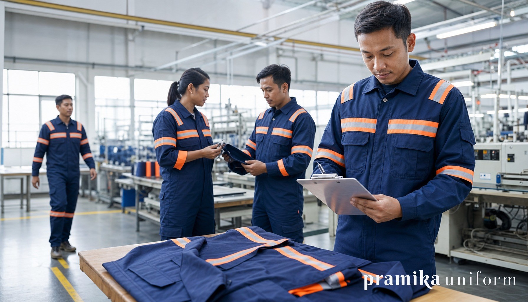 Tim pekerja Indonesia memakai wearpack navy dengan reflektif oranye saat memeriksa sampel produksi
