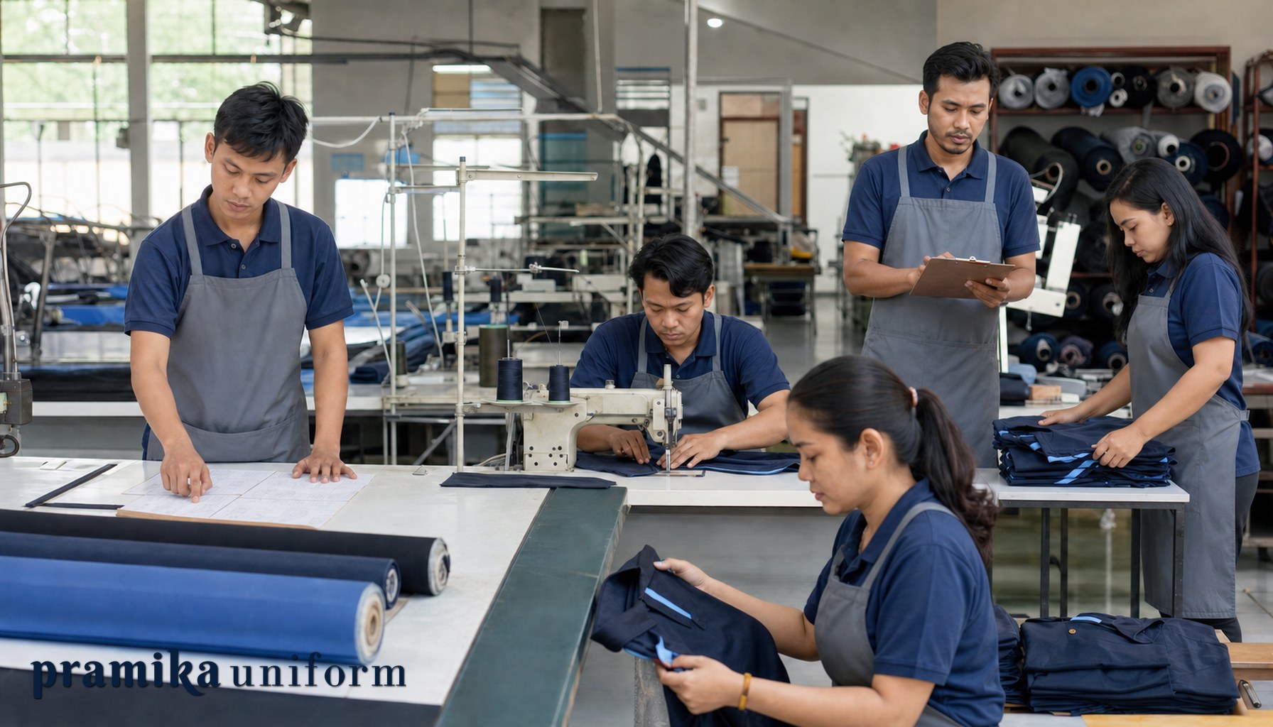 Tim workshop Pramika Uniform memproduksi seragam kerja perusahaan