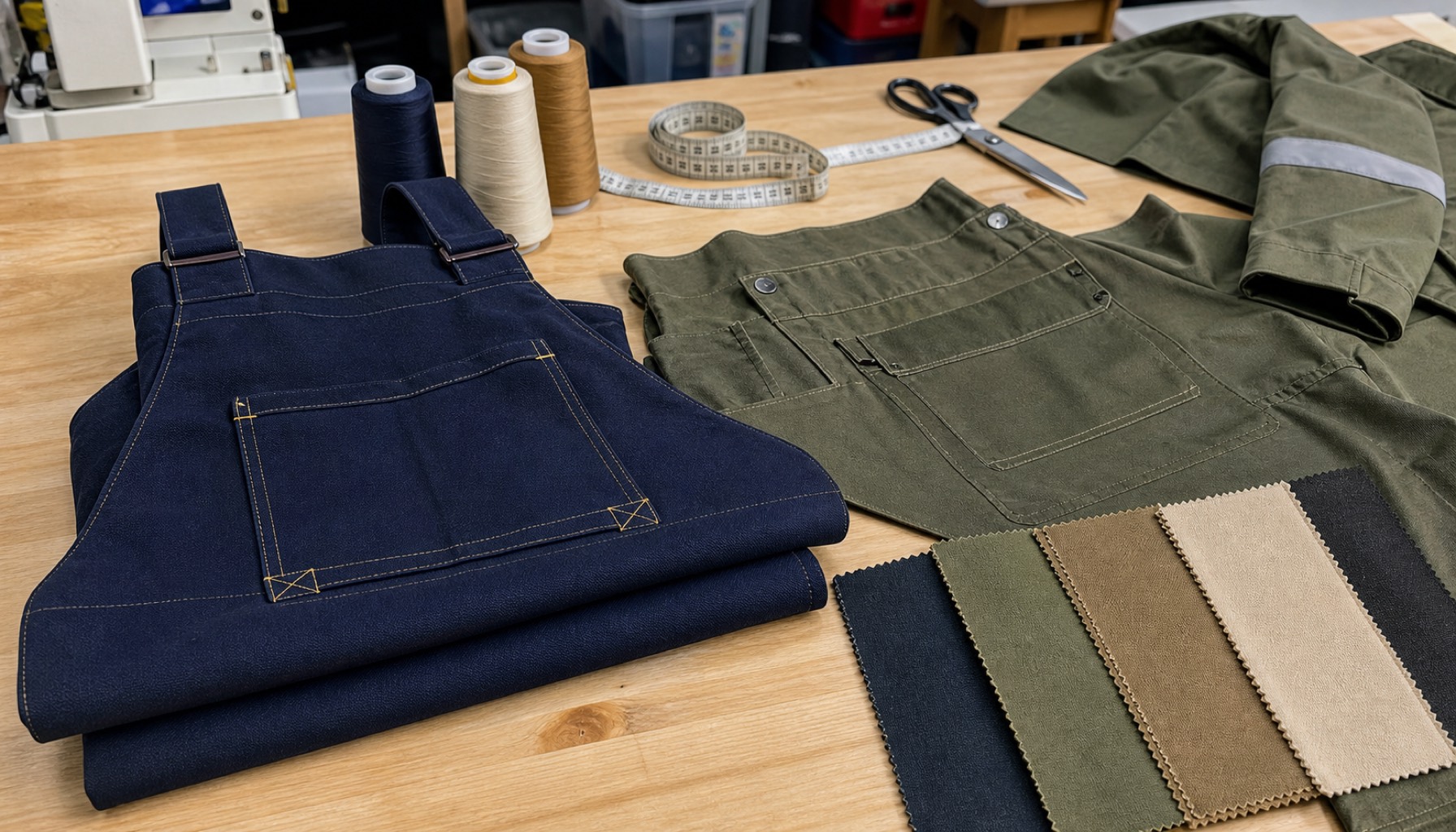 Bahan kanvas, apron kerja, panel wearpack, dan swatch kain di meja workshop konveksi