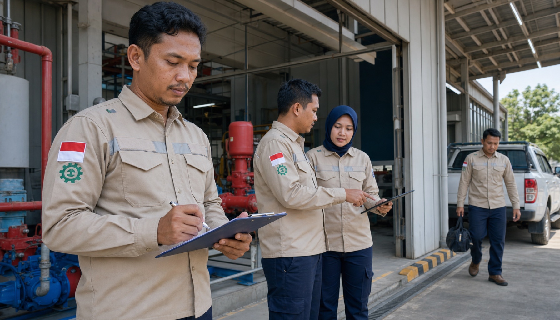 Tim teknisi memakai kemeja lapangan seragam di area kerja industri