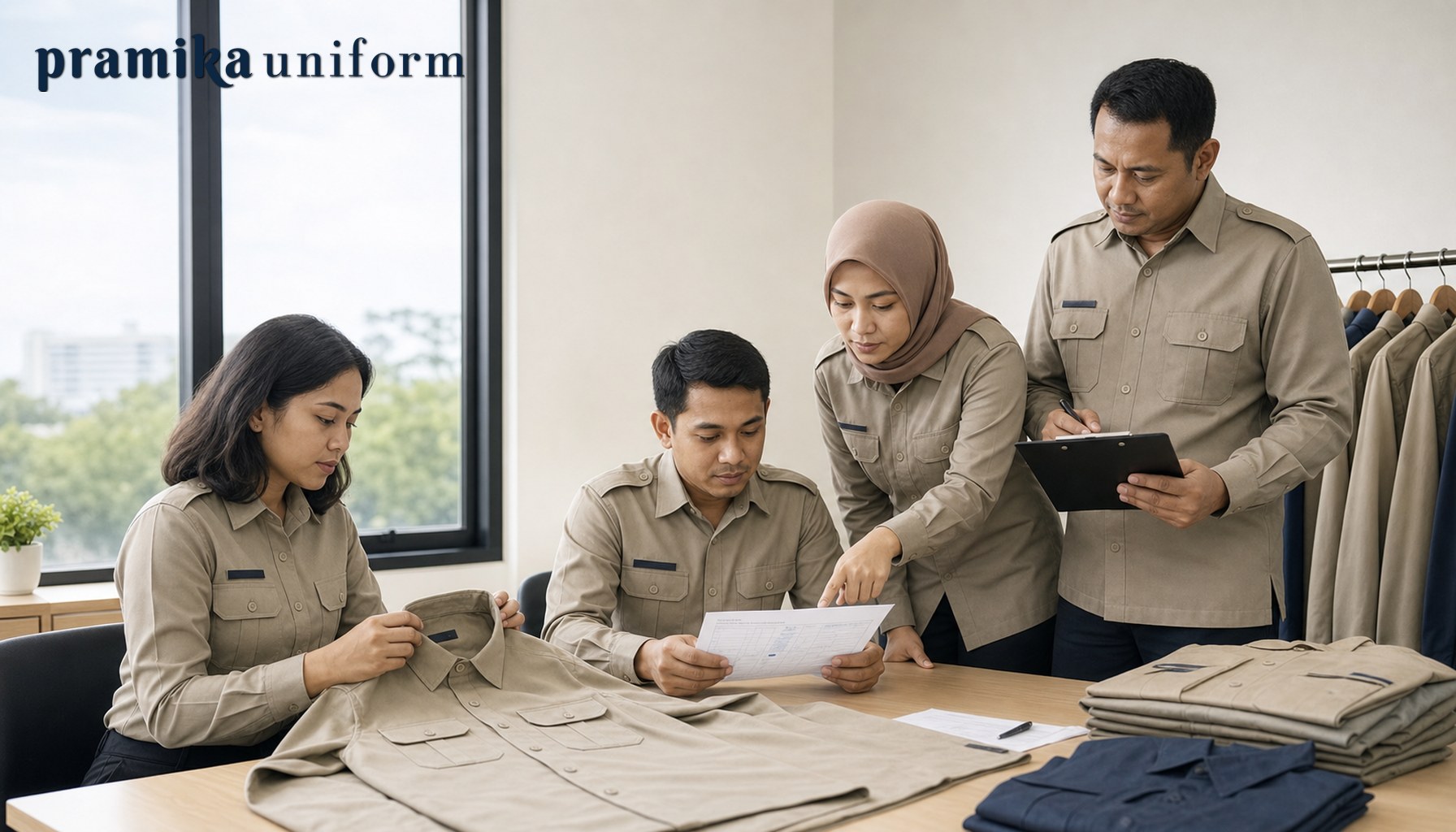Tim pengadaan memeriksa sampel kemeja PDH custom