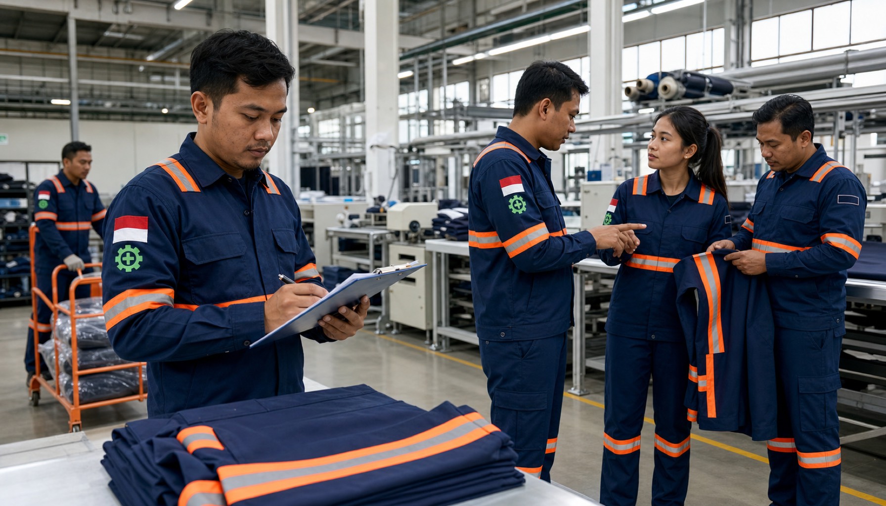 Tim pekerja industri Indonesia memakai wearpack seragam di area produksi