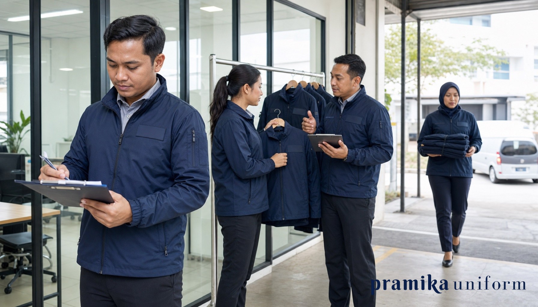 Tim korporat Indonesia memakai jaket perusahaan navy seragam di area kerja Jakarta