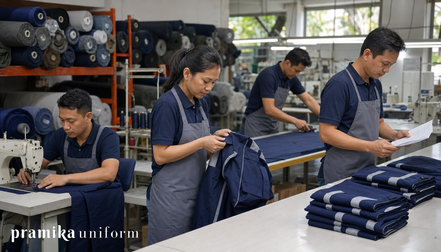 Tim workshop Pramika Uniform memproduksi seragam kerja industri