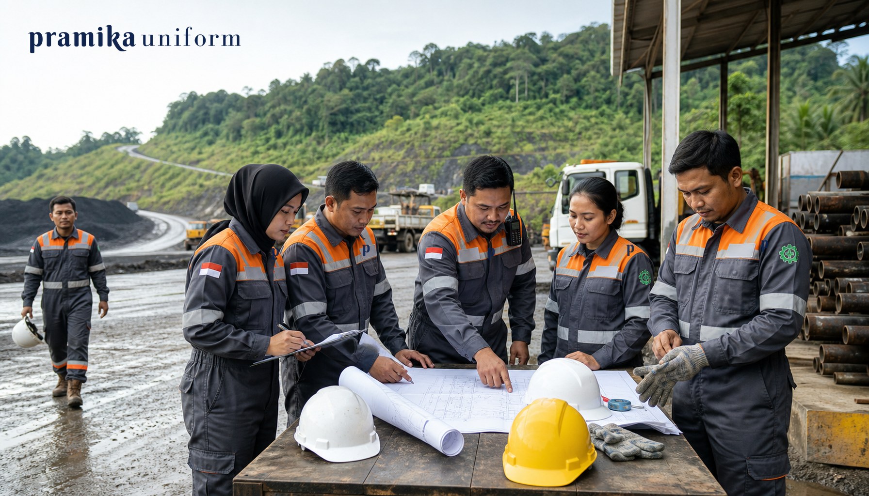 Tim pekerja industri Indonesia memakai wearpack navy reflektif