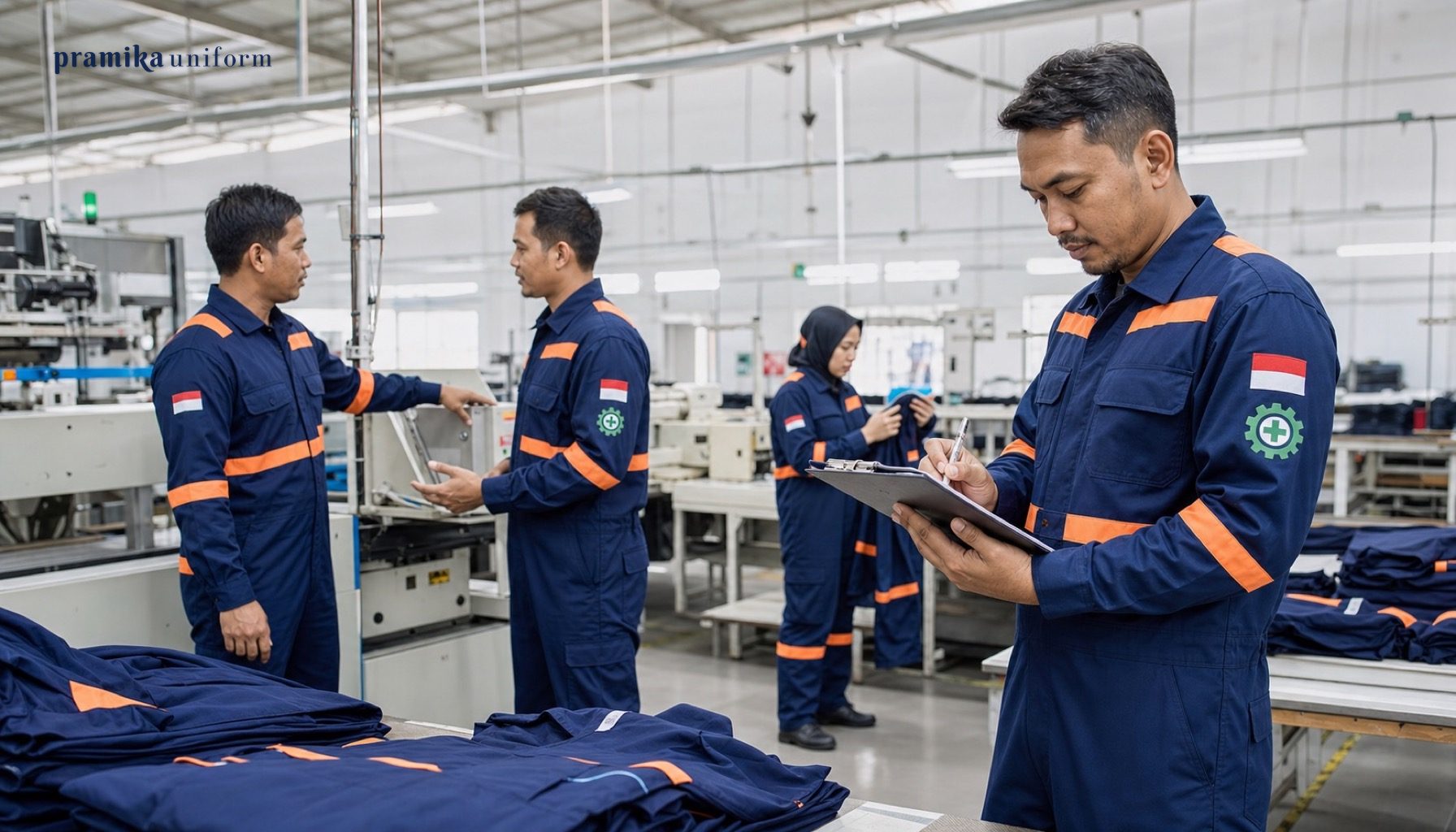 Tim pekerja industri Indonesia memakai wearpack navy dengan reflektif oranye di area produksi
