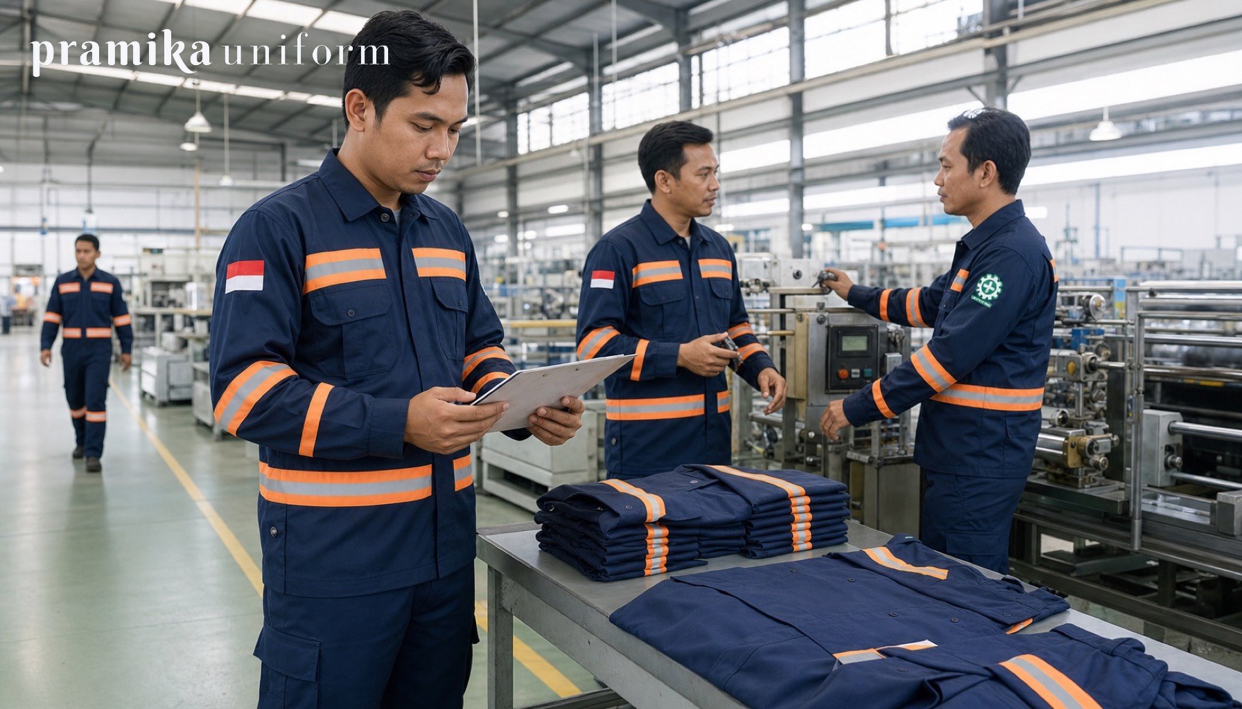 Tim pekerja industri memakai wearpack seragam di area produksi