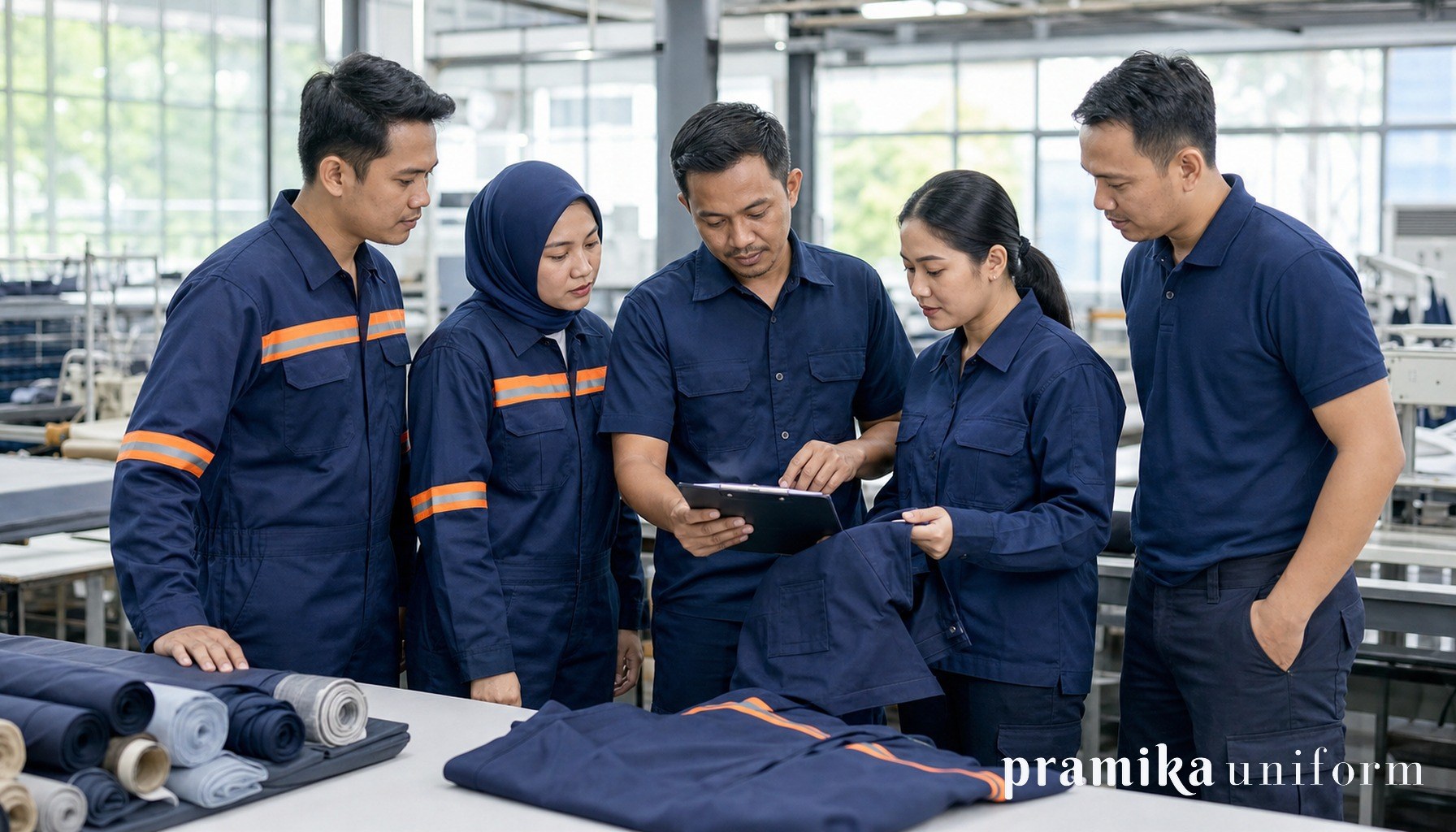 Tim pekerja Indonesia memakai seragam kerja navy di area workshop dan gudang