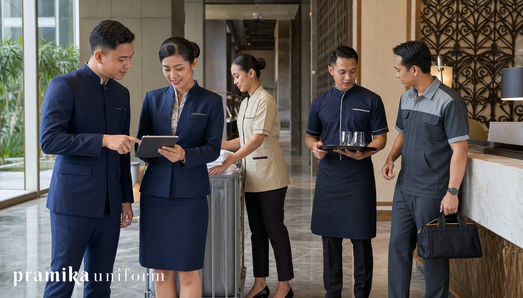 Tim staf hotel Indonesia memakai seragam front office housekeeping F&B dan engineering di area lobby hotel