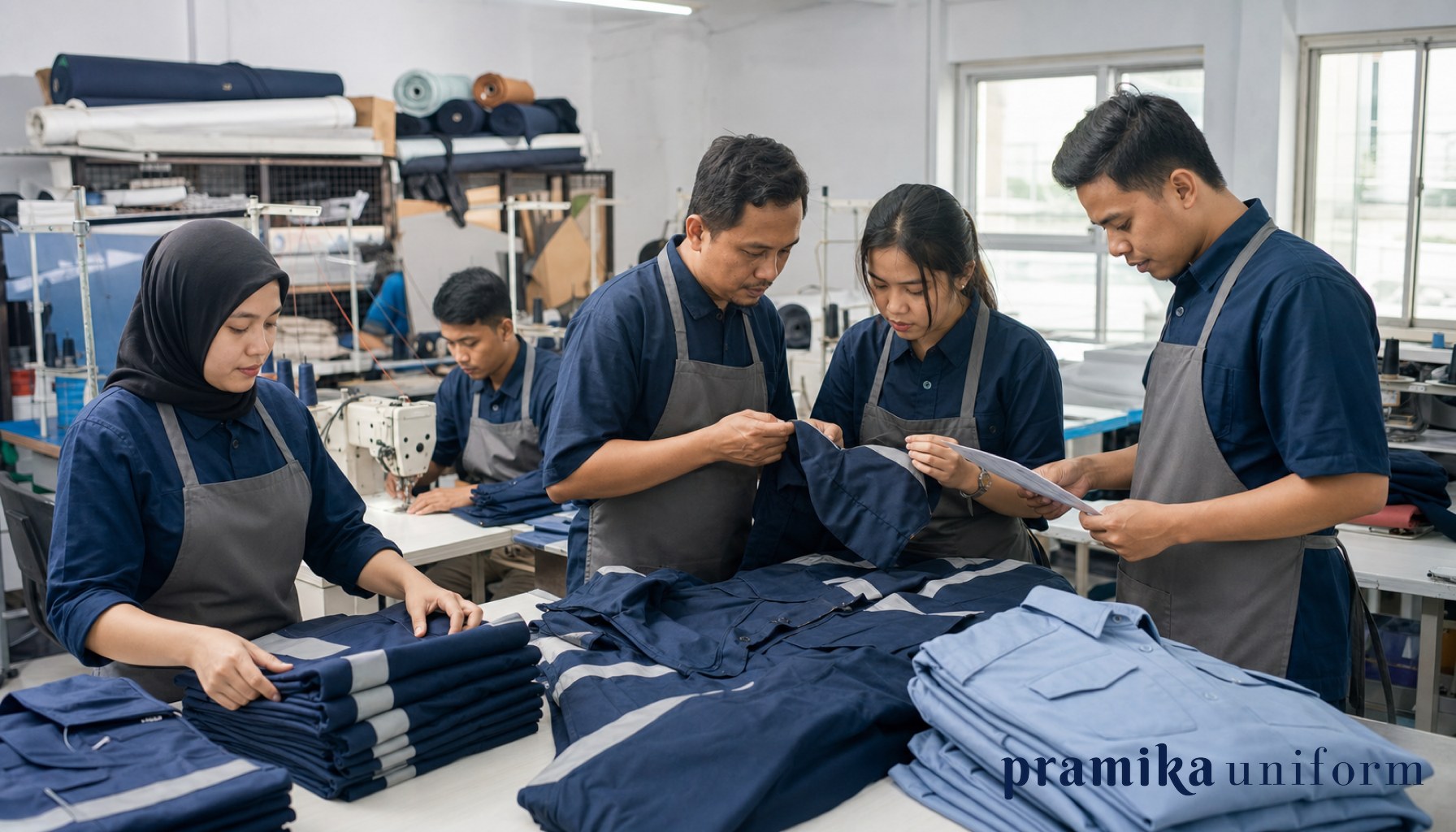 Tim workshop Pramika Uniform di Jakarta memeriksa seragam kerja dan wearpack produksi