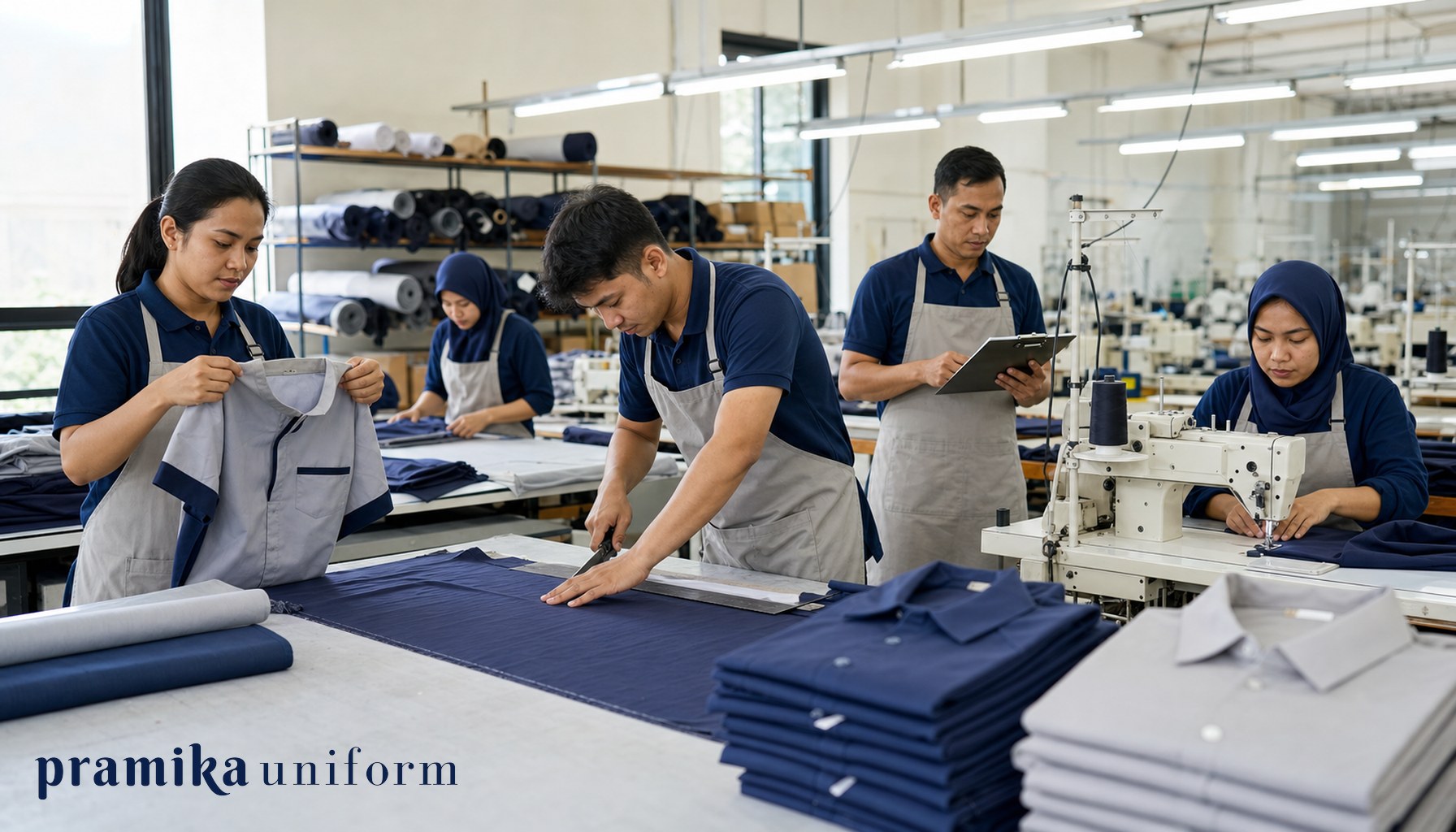 Tim produksi seragam Indonesia memeriksa kemeja kerja dan bahan di workshop