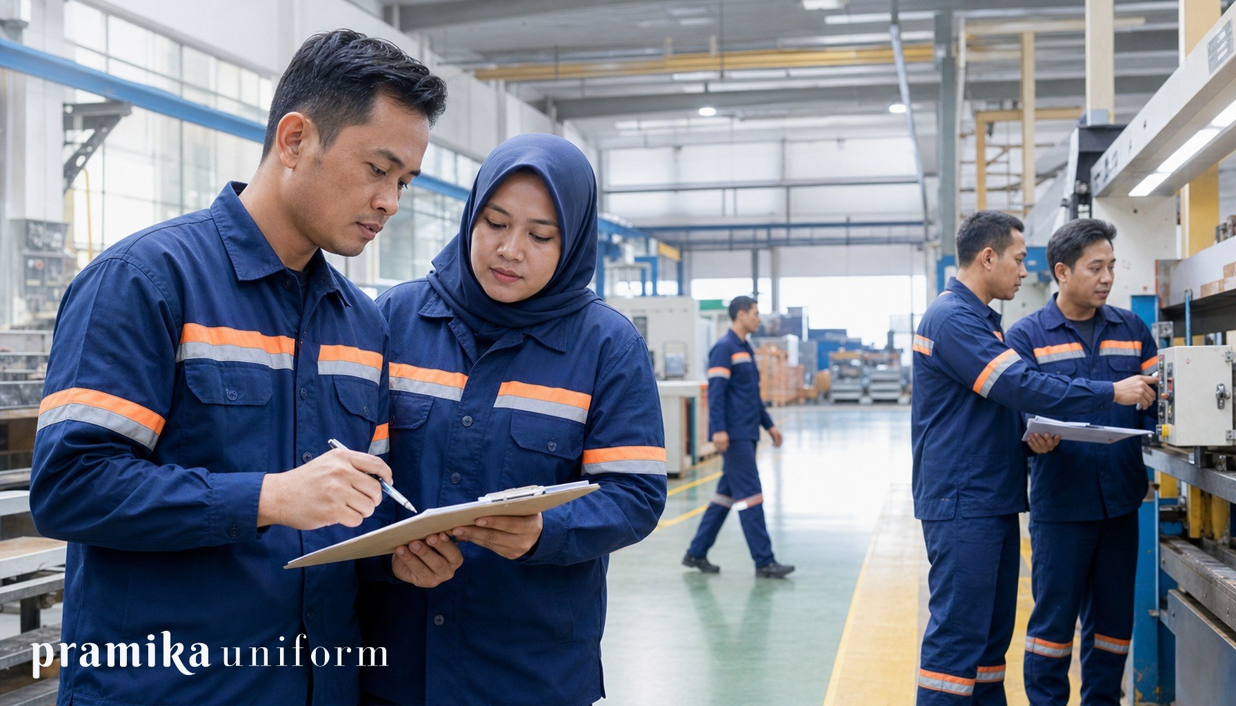 Tim pekerja industri memakai seragam kerja custom di area manufaktur