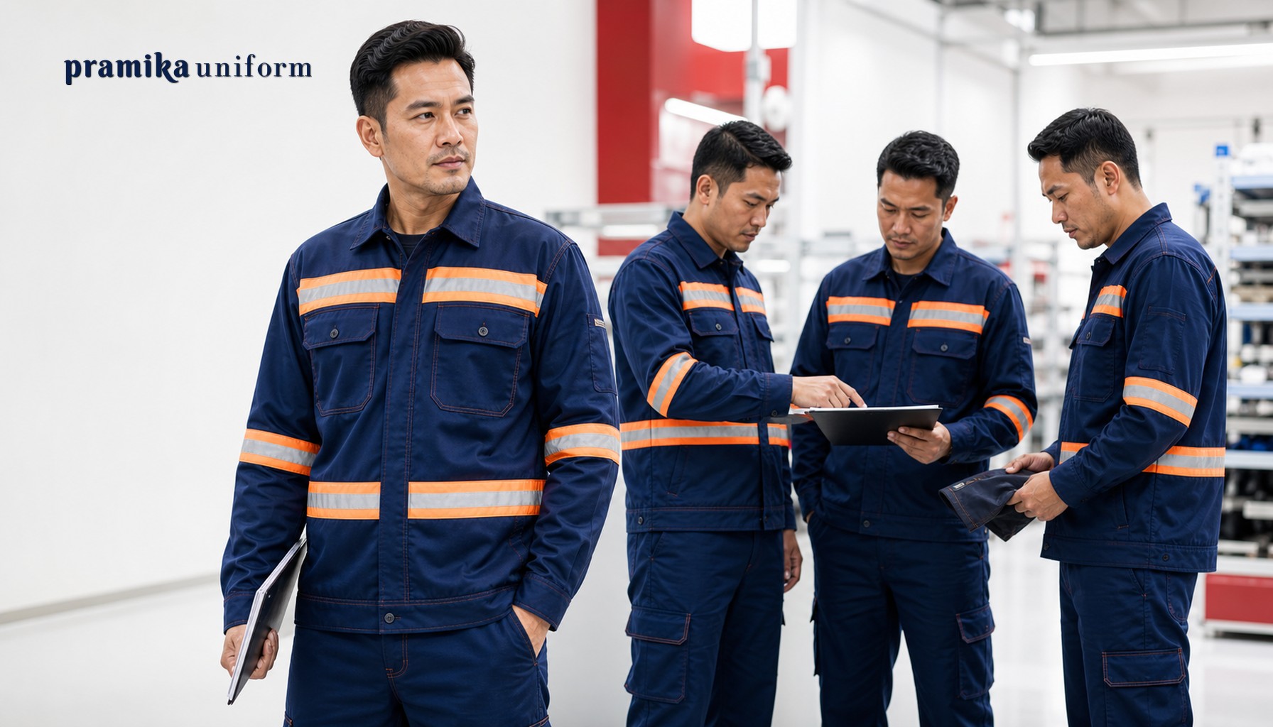 Pekerja industri Indonesia memakai seragam kerja navy dengan reflektif oranye di area pabrik