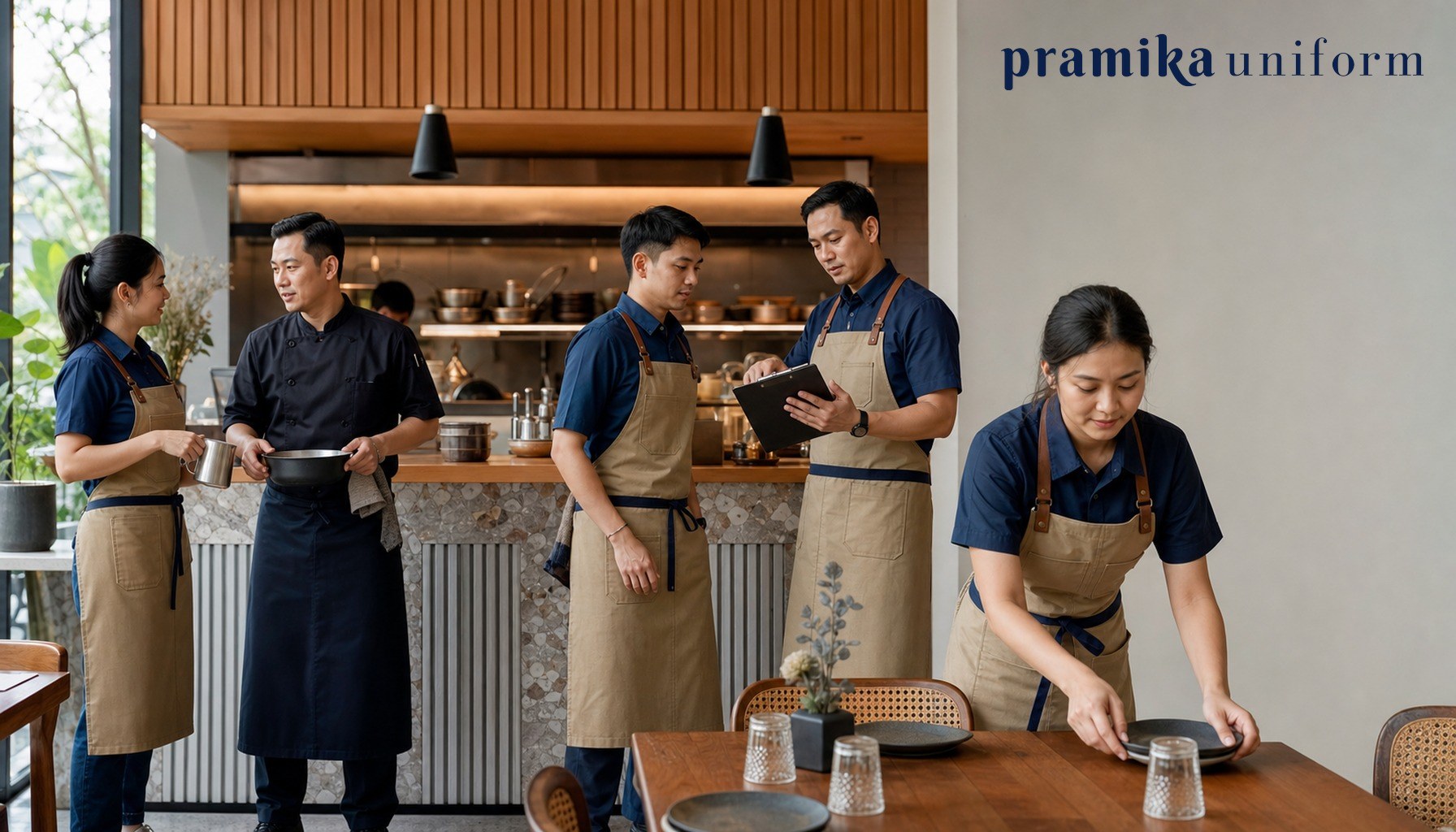 Tim restoran dan cafe Indonesia memakai seragam F&B koheren untuk chef, barista, pramusaji, dan supervisor