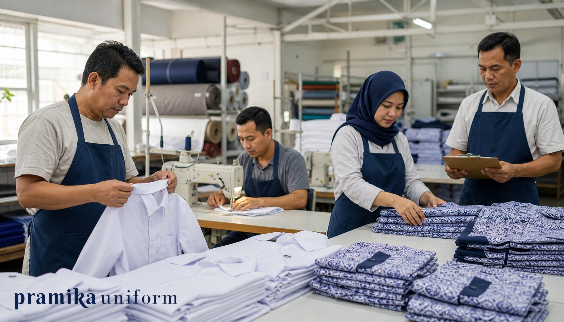 Tim produksi menyiapkan kemeja putih dan seragam batik sekolah di workshop konveksi Jakarta