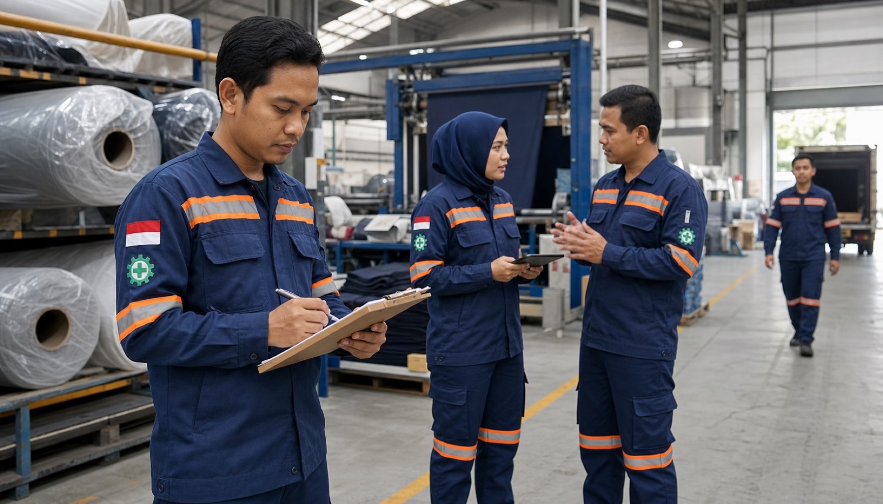 Tim pekerja industri Indonesia memakai wearpack navy reflektif di fasilitas manufaktur Tangerang