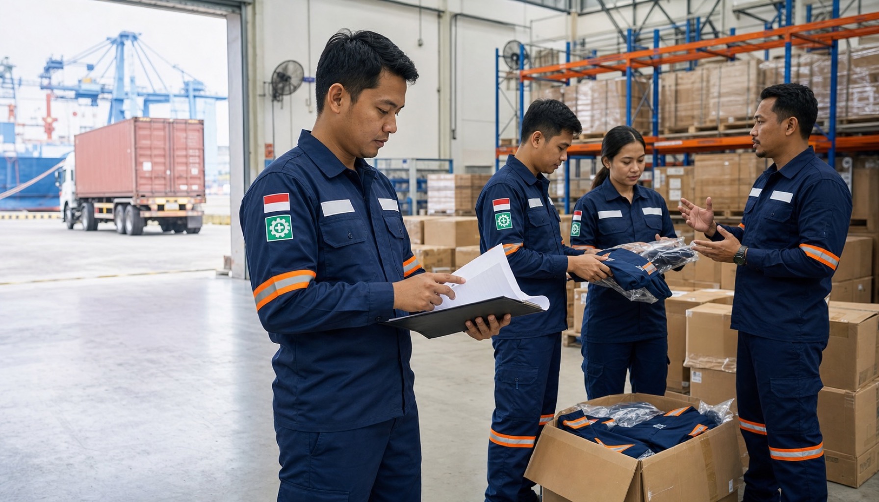 Tim pekerja Indonesia memakai wearpack navy dengan strip reflektif di area gudang industri