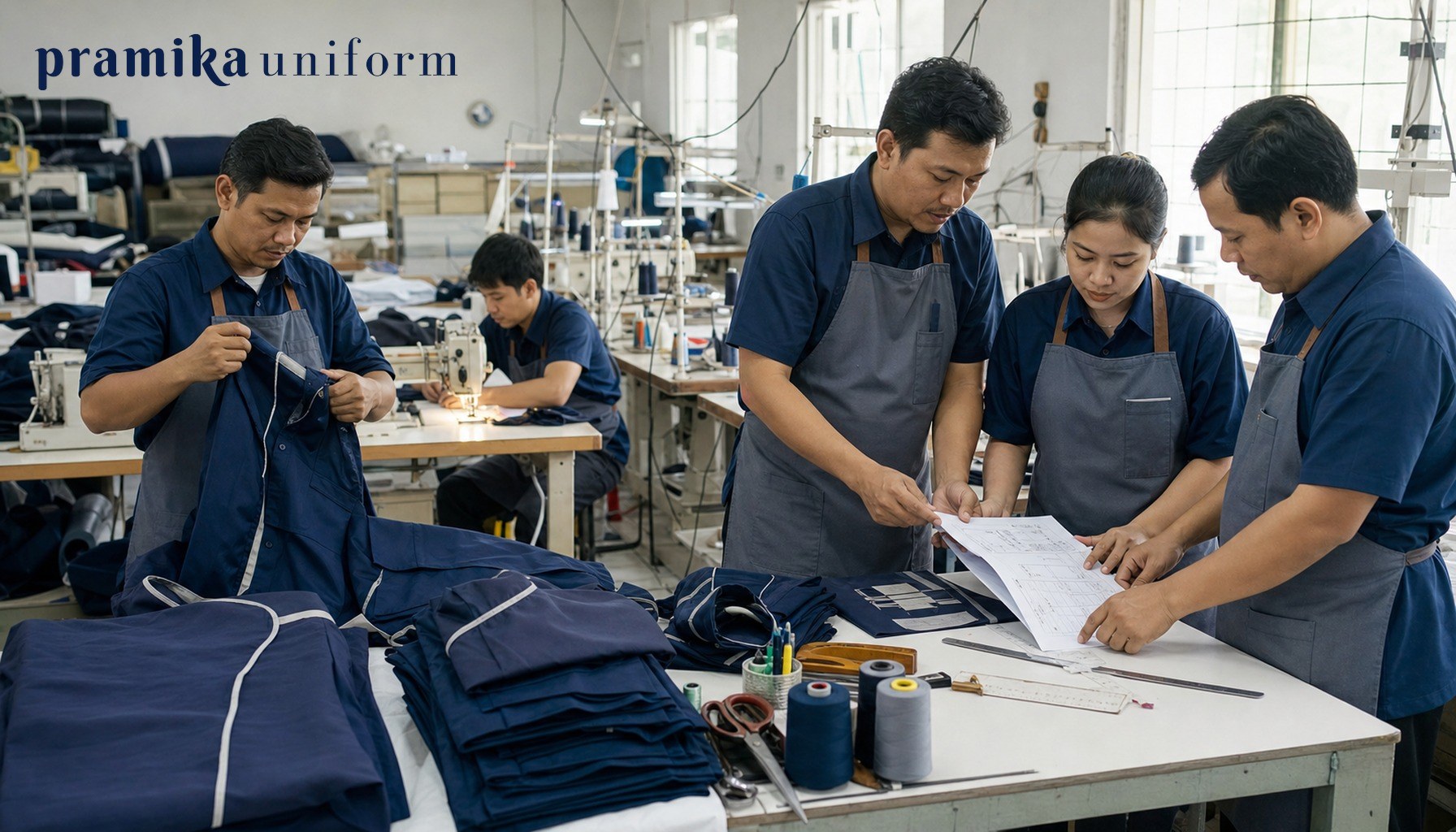 Tim workshop seragam Indonesia memeriksa produksi seragam kerja di meja cutting
