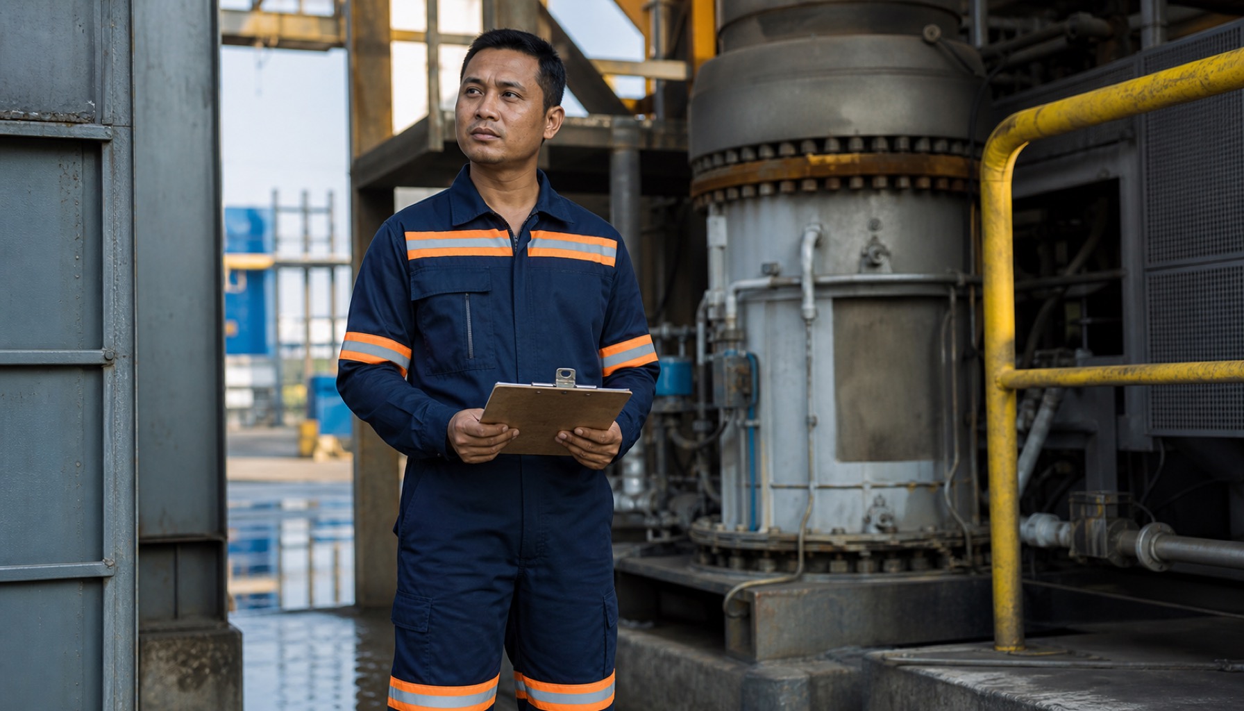 Pekerja industri Indonesia mengenakan wearpack navy dengan reflektif oranye di area proyek