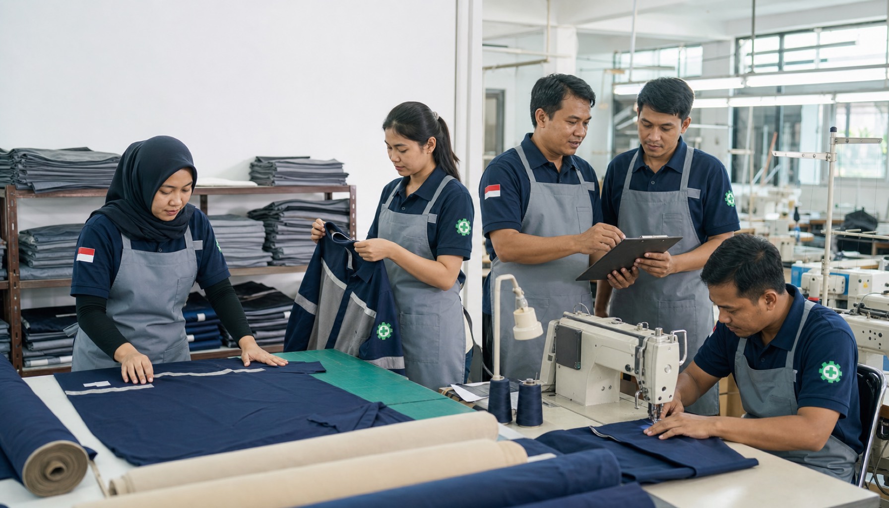 Tim produksi seragam di workshop konveksi Jakarta sedang memeriksa bahan dan jahitan