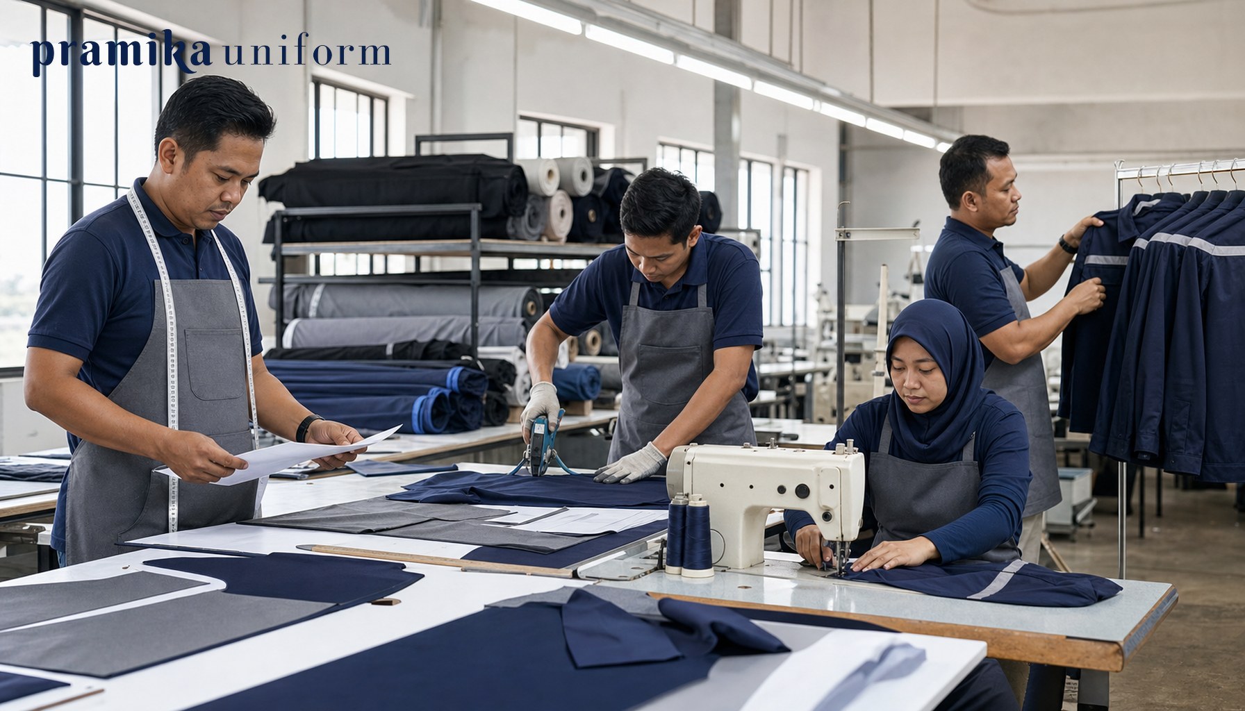 Tim produksi seragam kerja di workshop Pramika