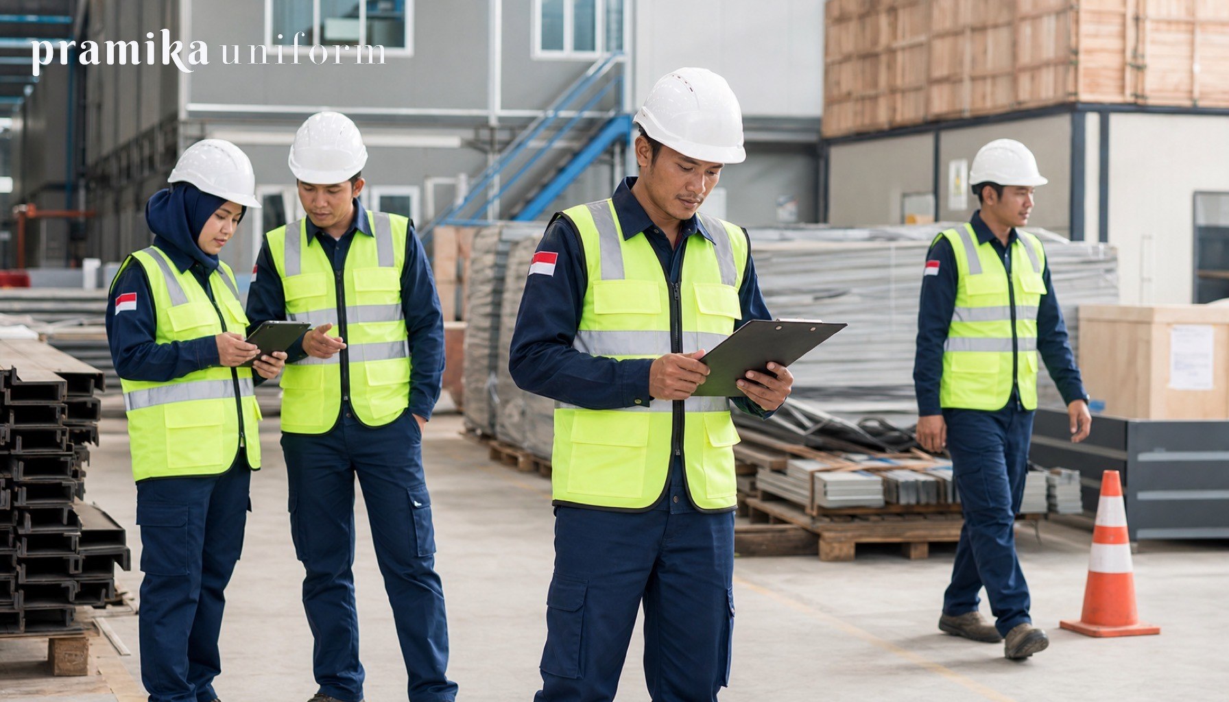 Tim pekerja proyek Indonesia memakai rompi proyek reflektif custom di area konstruksi
