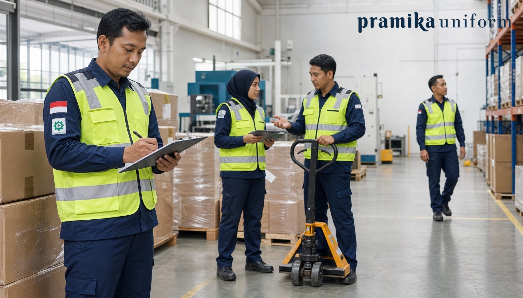 Tim pekerja Indonesia memakai safety vest reflektif seragam di area gudang industri