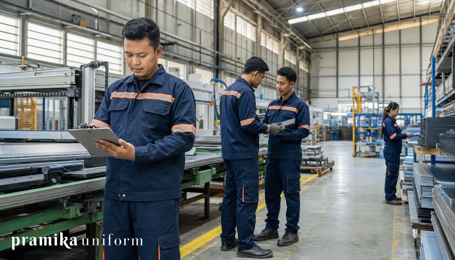 Tim pekerja pabrik Indonesia memakai seragam kerja navy dengan reflektif oranye di area produksi manufaktur