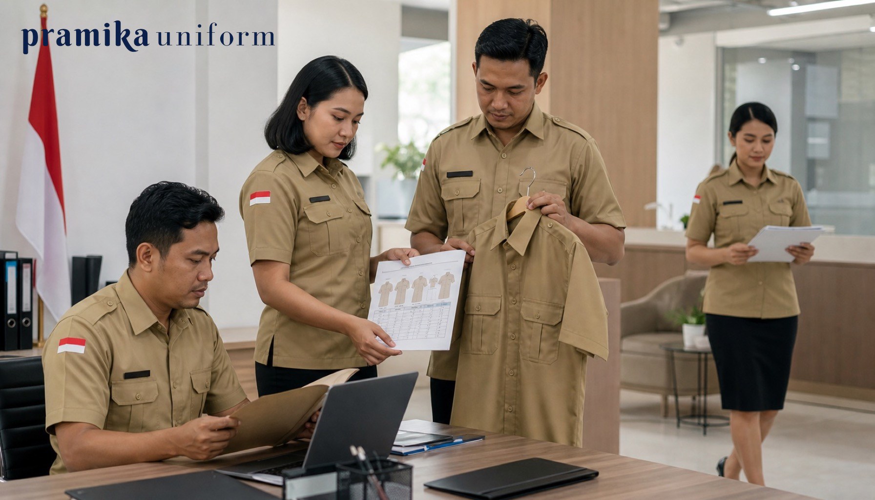 Tim guru dan staf instansi Indonesia memakai seragam PDH khaki saat meninjau sampel pakaian dinas
