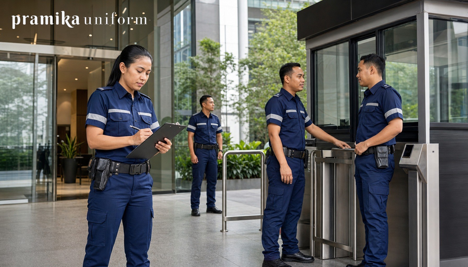 Tim security Indonesia memakai seragam satpam navy di area akses gedung perkantoran