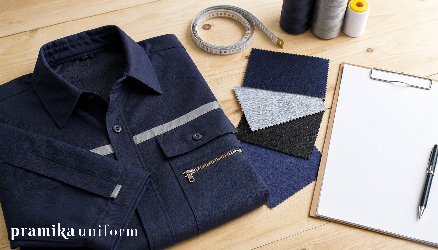 Flat lay seragam kerja navy dengan meteran jahit, swatch kain, benang, dan lembar spesifikasi pengadaan