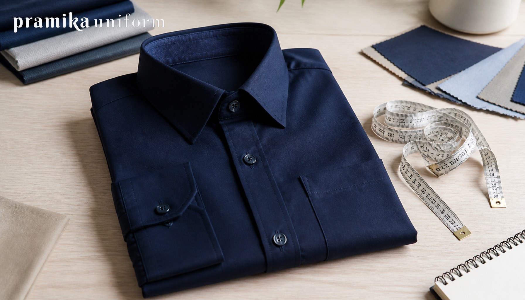 Kemeja seragam kerja navy dengan meteran jahit dan contoh bahan di meja kerja