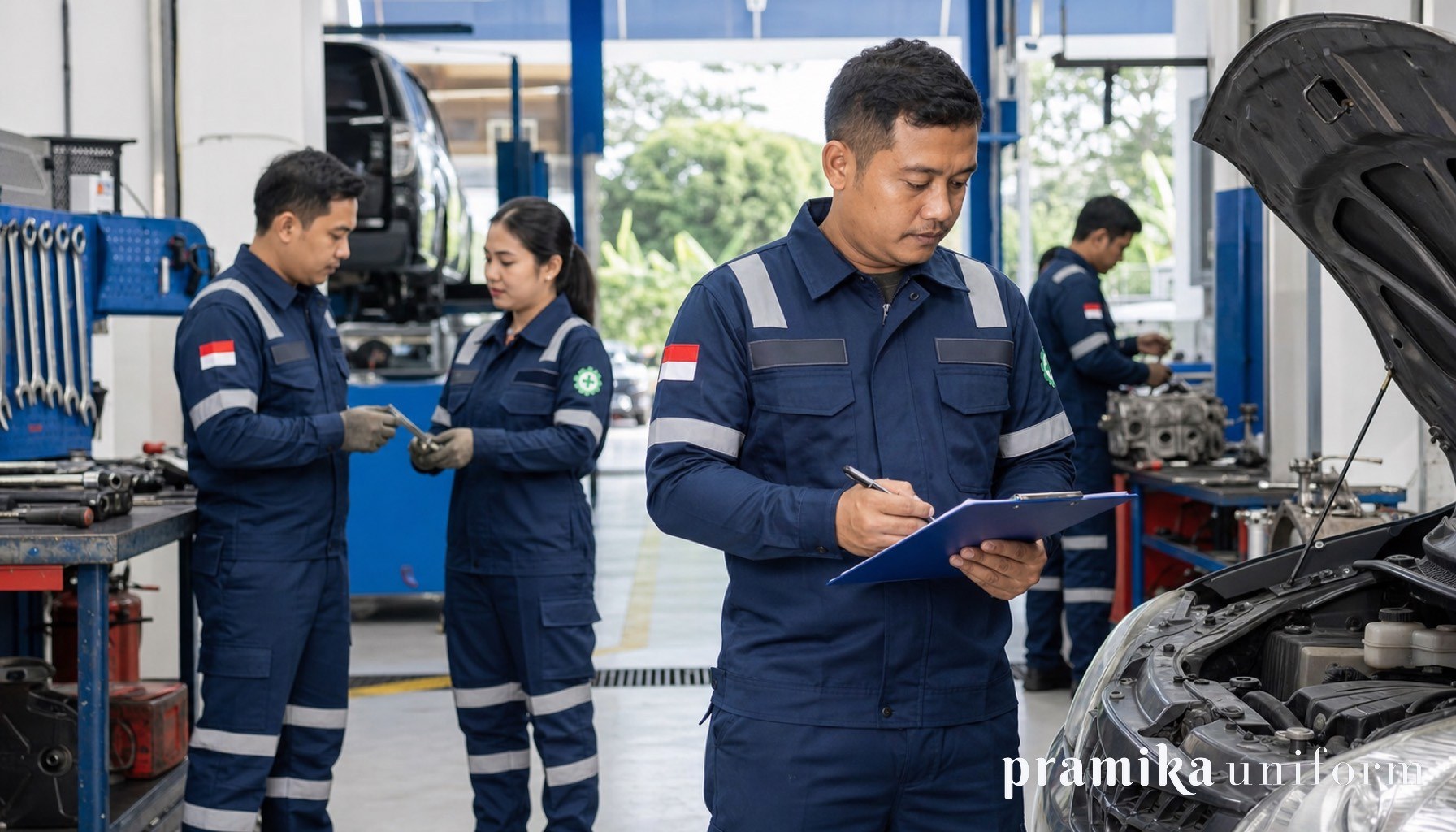 Tim mekanik bengkel otomotif Indonesia memakai wearpack navy seragam di area kerja