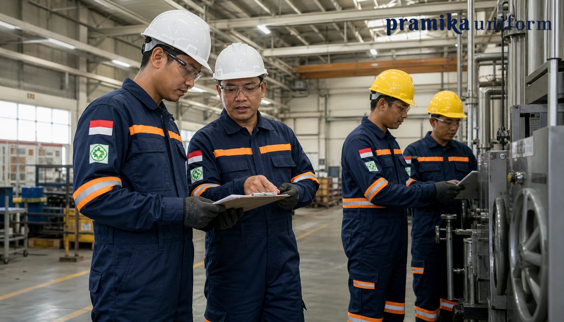 Tim pekerja industri Indonesia memakai wearpack safety biru navy dengan reflektif oranye di area pabrik